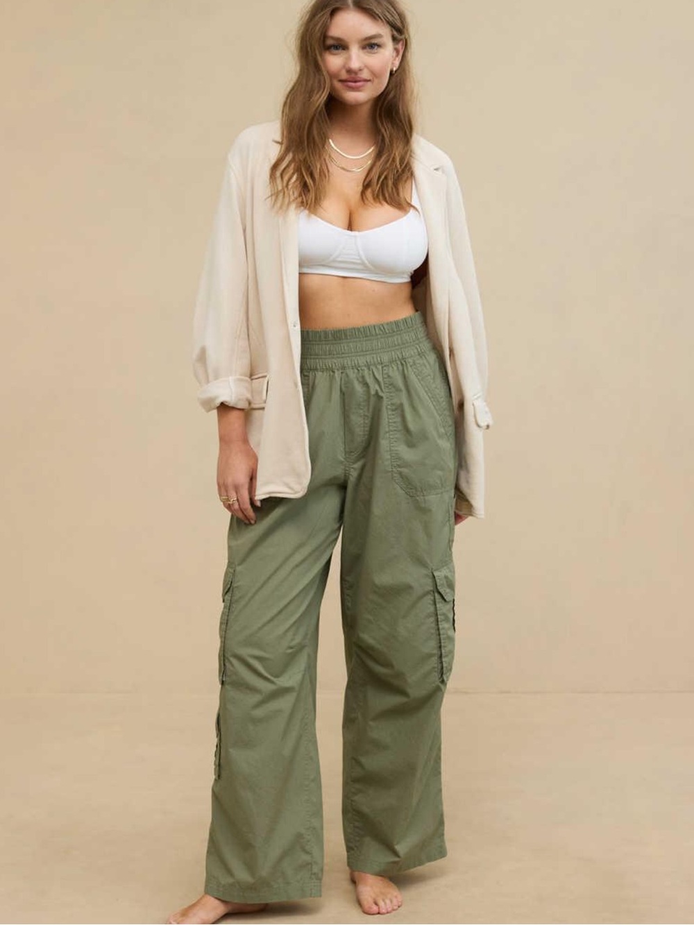Aerie Easiest Wide Leg Baggy Cargo Pant Elastic Waist Olive Green Size Small S